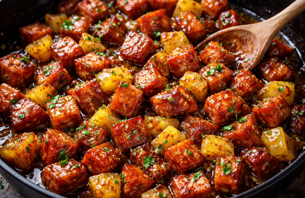 Pineapple Brown Sugar Glazed Ham Skillet Bites
